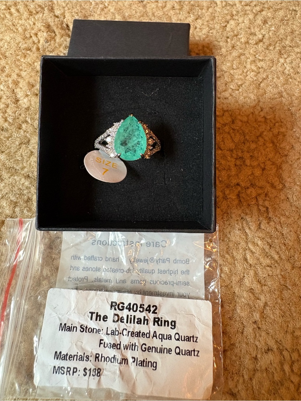 The Delilah Ring — Aqua Teardrop Cocktail Ring (Size 7)